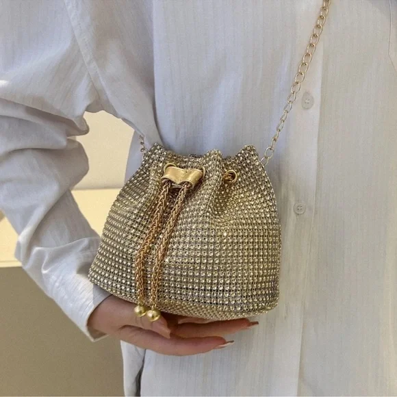 Luxe Textured Chain Handle Bucket Evening Party Formal Shoulder Crossbody - Picture 2 of 5